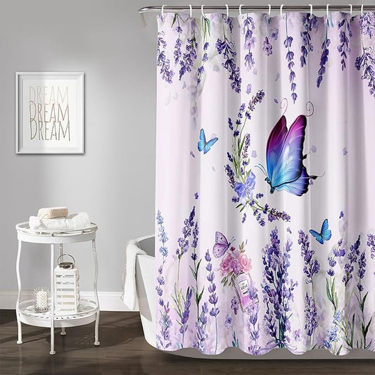 AILONEN Girls Butterfly Shower Curtain for Bathroom, Blooming Lavender Flower Purple Bath Curtain 72" W*84" H Polyester Fabric Waterproof Bathroom Curtain with 12 Hooks