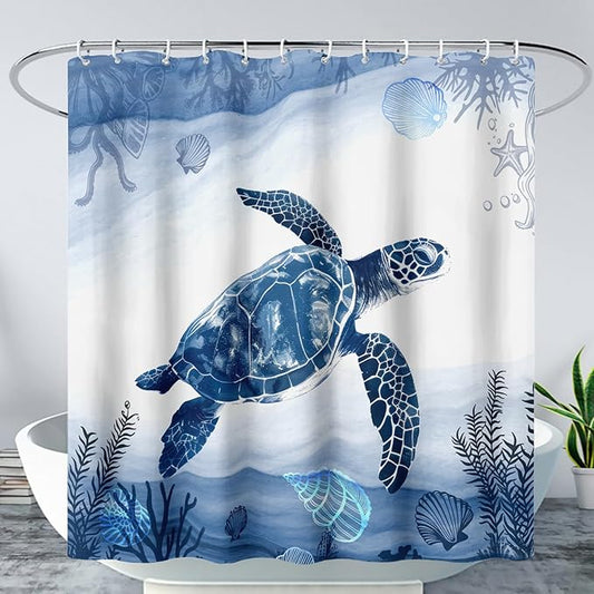 AILONEN Blue Sea Turtle Shower Curtain Set for Bathroom,Cartoon Turtle and Water Plant Bath Curtain,Kawaii Ocean Animal Theme Waterproof Fabric Shower Curtain with Hooks,48" W*72" H