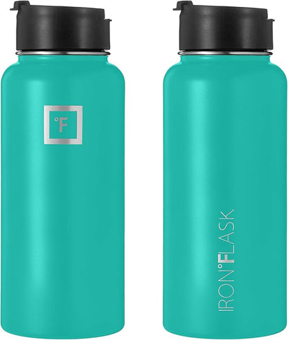 IRON °FLASK Sports Water Bottle - Wide Mouth with 3 Straw Lids - Stainless Steel Gym & Outdoor Bottles for Men, Women & Kids - Double Walled, Insulated Thermos, Metal Canteen - Aquamarine, 32 Oz