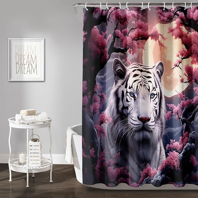 AILONEN Tiger Shower Curtains for Girls,Pink Flower White Tiger Bath Curtains for Bathroom Decor,Wild Animal Curtains Polyester Waterproof with 12 Plastic Hooks 48" W*72" H