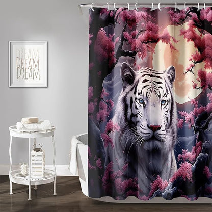 AILONEN Tiger Shower Curtains for Girls,Pink Flower White Tiger Bath Curtains for Bathroom Decor,Wild Animal Curtains Polyester Waterproof with 12 Plastic Hooks 48" W*72" H