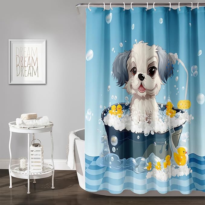 AILONEN Cartoon Bathtub Dog Shower Curtain for Kids 72" W*72" H Kawaii Shower Puppy and Duck Shower Curtain,Polyester Waterproof Fabric Decor for Bathroom Bathtub Panels