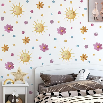 Watercolor Boho Smiling Sun Wall Decals Removable DIY Colorful Flowers Wall Decal Peel and Stick Dewdrops Wall Stickers Wall Art for Baby Nursery Bedroom Living Room Playroom Decor