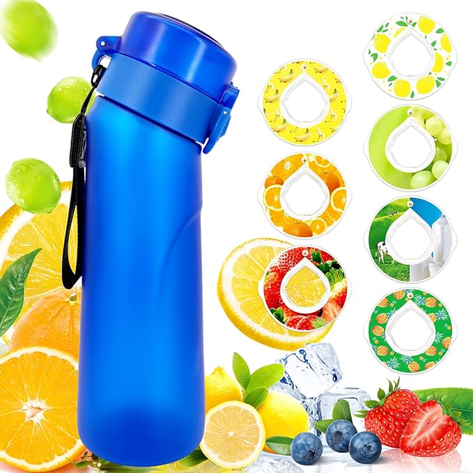 Air Water Bottle with 8 Flavor Pods, Flavored Water Bottle,650ML Large Capacity Drinking Bottle,Sports Water Cup with Straw Suitable for Gym and Outdoor Games(BLUE)