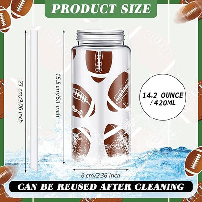 20 Pack Cups with Lid and Straw 14.2 oz Reusable Tumbler Clear Plastic Drinking Cups with 20 Pack Drawstring Bag for Birthday School Sport Decorations Party Supplies (Football)