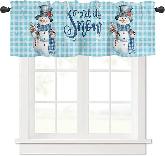 Snowman Christmas Valance Curtains for Kitchen Windows Let It Snow Winter Holiday Rod Pocket Window Treatment Toppers for Kitchen/Living Room/Bedroom/Bathroom, 42" X 12", Blue White Buffalo Plaid