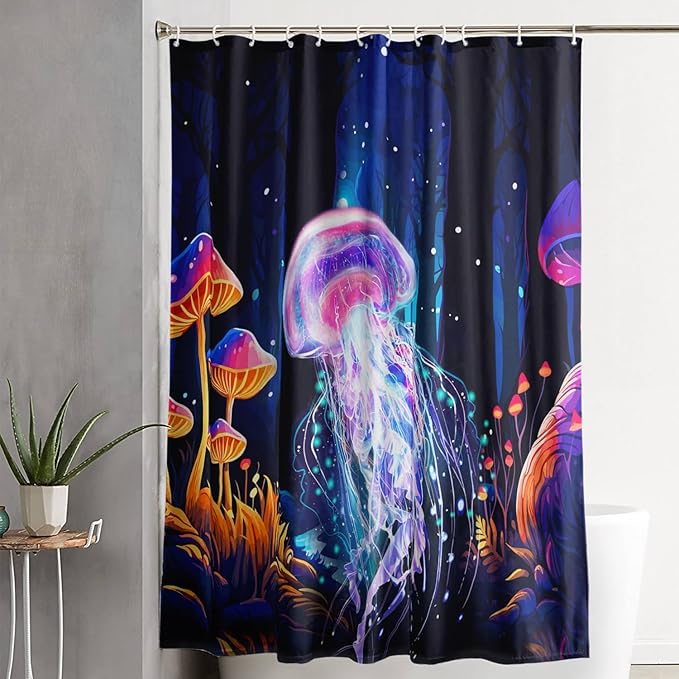 AILONEN Beautiful Jellyfish Shower Curtain,Magic Mushroom Waterproof Fabric Bath Curtain for Kids Girls,Boho Style Mysterious Planet Shower Curtain Set for Bathroom, 36" W*72" H