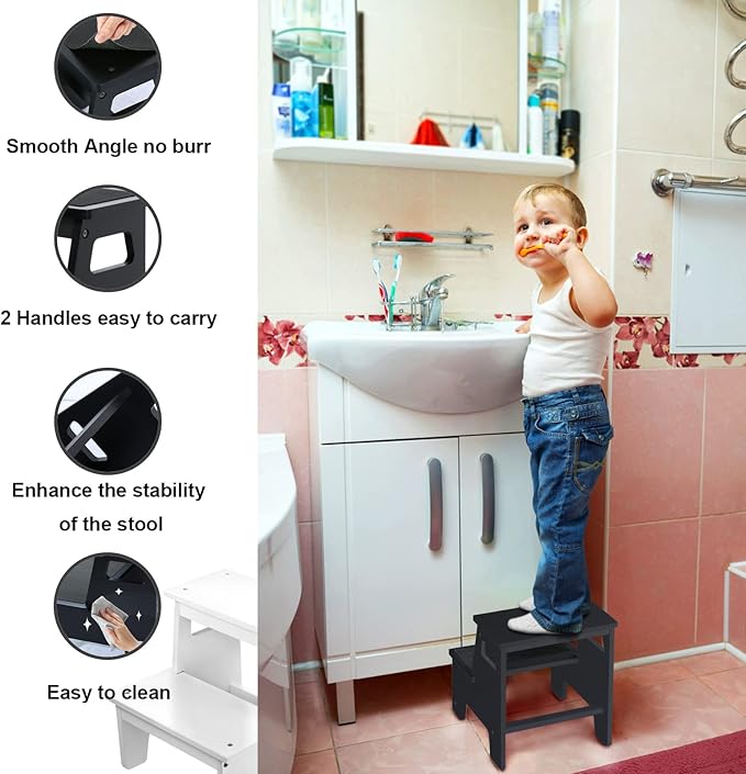 Kids Step Stools for Toddlers Bathroom Wood Toddler Step Stool Kitchen Counter Sink Baby Stepstools Bamboo Wooden Foot Bed Stool for Child Potty Training Toilet Stool Stepping Stool, Black with Pads