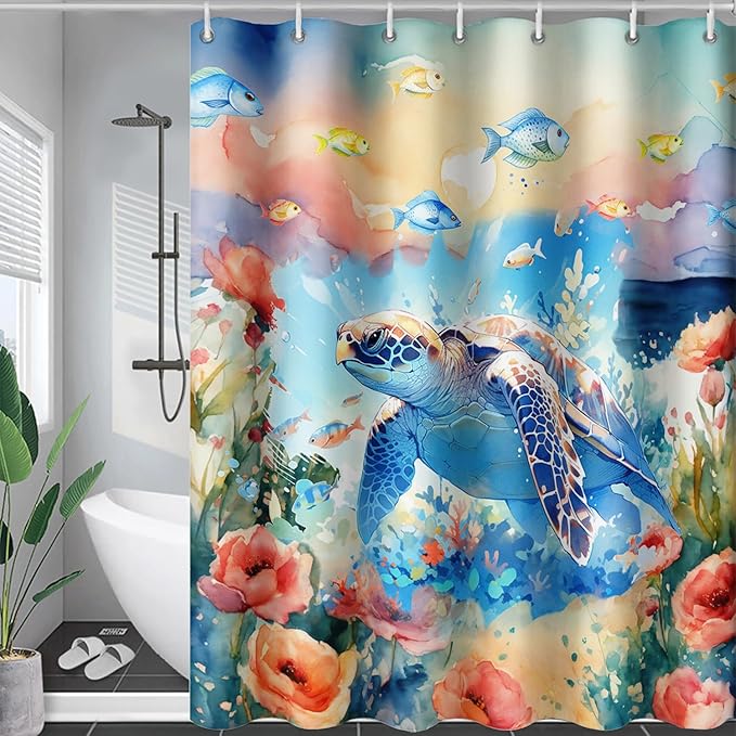 AILONEN Sea Turtle Shower Curtain,Watercolor Sea Turtle Bath Curtain for Girls Girls,Ocean Animal Fish Tie Dye Flower Shower Curtain for Bathroom Decor Waterproof with 12 Plastic Hooks, 36" W*72" H