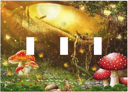 Red Mushroom Forest Fairy Moon Butterfly 3 Gang Bohemian Light Switch Covers Decorative Triple Toggle Wall Plate Electrical Faceplate Switchplate for Kidroom Nursery Bedroom Decor