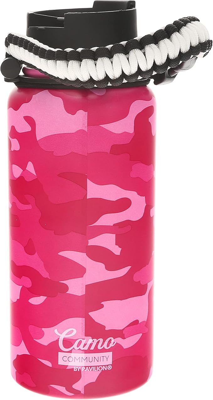 Pavilion - Good Mom 32 oz. Stainless Steel Water Bottle, Double Wall Tumbler Flask with Paracord Handle, Sports Water Cup, Gift For Mom, Mothers Day Gifts, Camouflage Bottle, 1 Count, Pink