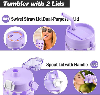 MUKOKO 32 oz Glass Tumbler with Straw,Glass Water Bottles with Time Marker,Iced Coffee Cup with 2 Lids-Handle Spout Lid&Straw Lid,Silicone Sleeve,Leakproof,1 Pack-Purple