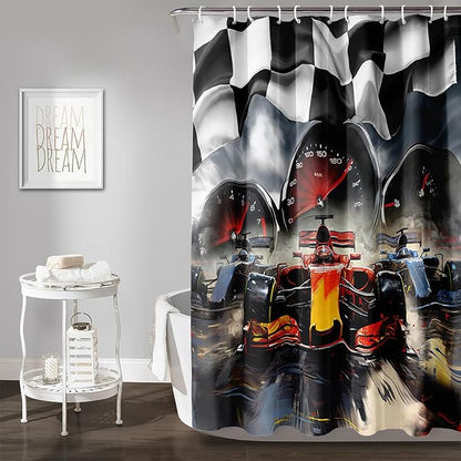 AILONEN Racing Car Shower Curtains,Checkered Speed Car Bath Curtains Gifts for Racer,Polyester Waterproof for Bathroom with 12 Plastic Hooks 72" W*96" H