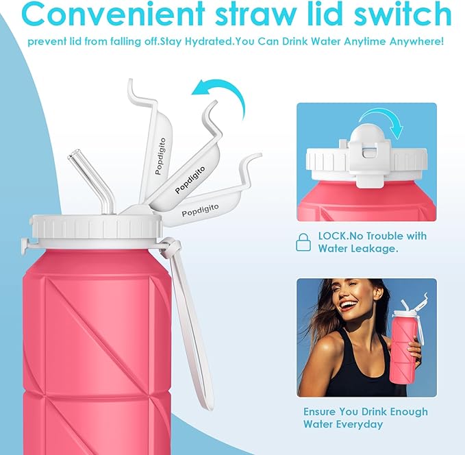 690ML Collapsible Water Bottles Reusable Leak Proof Silicone Water Bottle BPA Free Durable Foldable Sports Bottles & straw 23oz Lightweight Bottle for Gym Hiking Biking Camping Travel Bottle