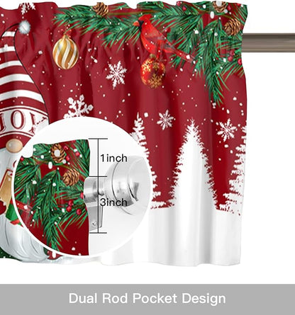 Christmas Gnomes Kitchen Curtains Valances for Windows Red Winter Holidays Rod Pocket Window Treatment for Kitchen /Living Room/Bedroom/ Bathroom,42" X 18" -1 Panel, White Snowflakes Xmas Trees
