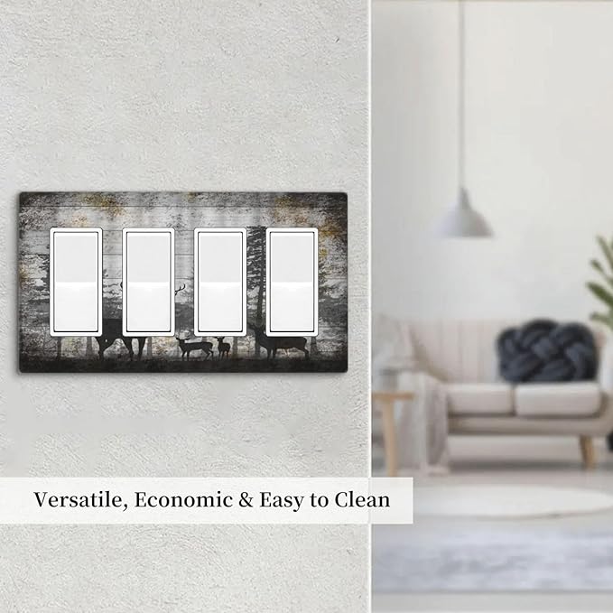 Rustic Deer Forest Vintage Wood Board 4 Gang Rocker Decora Boho Light Switch Cover Decorative Country Unique Outlet Covers Wall Plate Electrical Faceplate Switchplate GFCI for Farmhouse