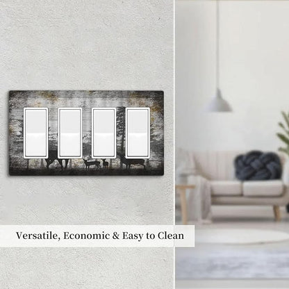 Rustic Deer Forest Vintage Wood Board 4 Gang Rocker Decora Boho Light Switch Cover Decorative Country Unique Outlet Covers Wall Plate Electrical Faceplate Switchplate GFCI for Farmhouse