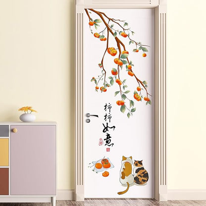 Amaonm Removable 3d Orange Persimmon With Tree Branch wall sticker Cat Falling Leaf Wall Decals Chinese Quotes "Everything is going well" for Kids Girls Boys Bedroom Living Room Nursery Classroom Playroom Wall Background Decoration