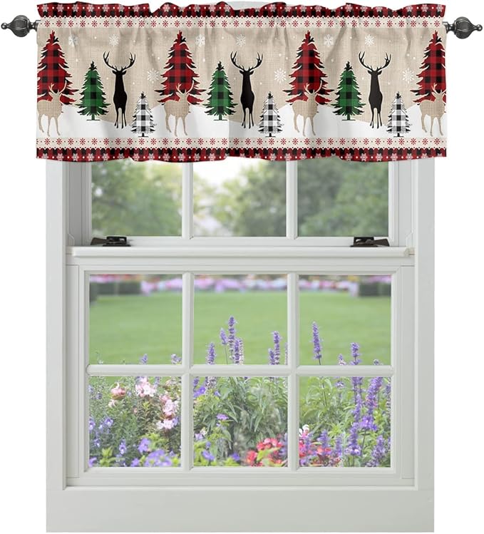 Farmhouse Christmas Kitchen Curtains Valances for Windows Rustic Plaid Christmas Tree Snowflakes Rod Pocket Short Curtain for Kitchen /Living Room/Bedroom/ Bathroom,60" X 18" -1 Panel, Red Green Black