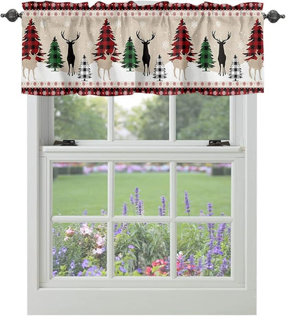 Farmhouse Christmas Kitchen Curtains Valances for Windows Rustic Plaid Christmas Tree Snowflakes Rod Pocket Short Curtain for Kitchen /Living Room/Bedroom/ Bathroom,42" X 12" -1 Panel, Red Green Black