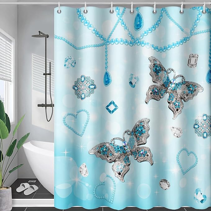 AILONEN Girls Butterfly Shower Curtain 48" W*72" H Blue Butterfly Women Teen Girls Bathroom Curtain,Metal Butterfly Pattern Curtain Polyester Waterproof Butterfly Bathroom Curtain with 12 Hooks