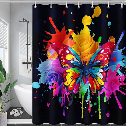 AILONEN Butterfly Shower Curtain for Bathroom, 3D Oil Painting Butterfly Bath Curtain,Colorful Butterfly Rose Flower Decoration Waterproof Black Curtain with 12 Plastic Hooks, 60" W*72" H
