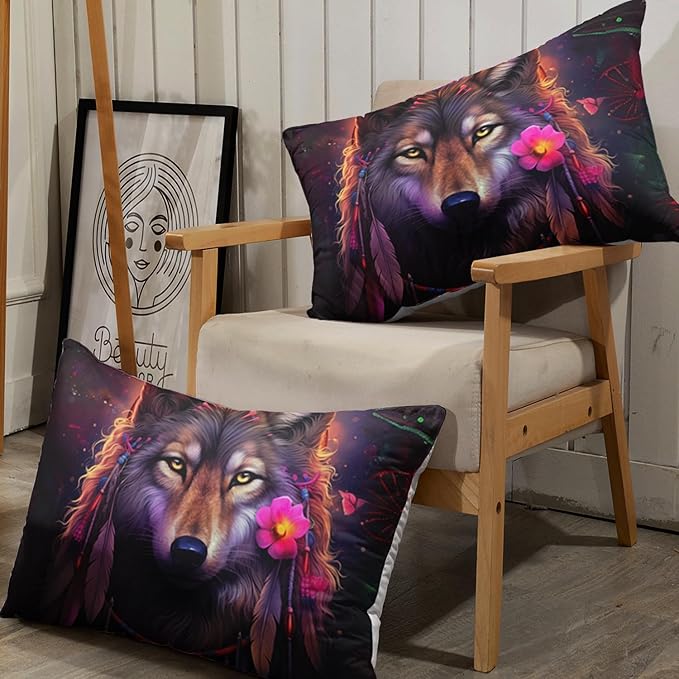 AILONEN Wolf Dream Catcher Fitted Sheet Set Twin XL Size, Wildlife Wolf Bed Sheet Set,Safari Animal Moon Wolf Fitted Sheet and 2 Pillowcases,3 Pieces(Boys/Men/Kids/Teens)