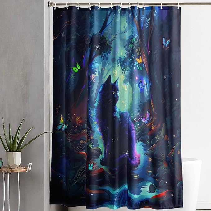 AILONEN Black Cat Shower Curtain,Cartoon Cat Shower Curtain Set for Kids Boys Girls,Boho Style Butterfly Shower Curtain Curtain for Bathroom,Mysterious Forest Curtain Set with Hooks,72" W*72" H