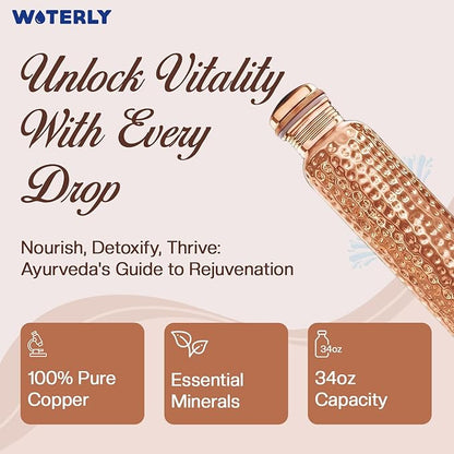 Handcrafted Pure Hammered Copper Bottle 34 oz (1000 ml) | Ayurvedic Pure Copper Bottle | Best use for Office, Gym & gifts | 100% Pure Heavy Copper Material with Leak proof Quality ( Hammered )