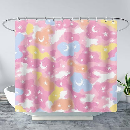AILONEN Pink Galaxy Shower Curtain,Star and Moon Theme Bathroom Shower Curtain for Girls Kids Teens, 60" W*72" H Colorful Starry Sky Shower Curtain for Bathroom