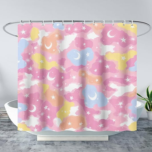 AILONEN Pink Galaxy Shower Curtain,Star and Moon Theme Bathroom Shower Curtain for Girls Kids Teens, 60" W*72" H Colorful Starry Sky Shower Curtain for Bathroom