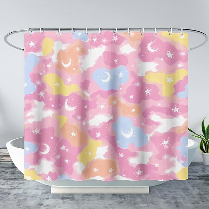 AILONEN Pink Galaxy Shower Curtain,Star and Moon Theme Bathroom Shower Curtain for Girls Kids Teens, 72" W*72" H Colorful Starry Sky Shower Curtain for Bathroom