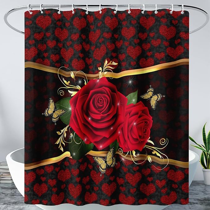 AILONEN Red Rose Shower Curtain for Bathroom, Romantic Flower Rose 3D Printed Valentine Wedding Bathroom Decor Hearts Curtain,48" W*72" H Polyester Waterproof Bath Curtain with 12 Hooks