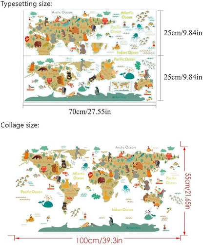 Animal World Map Wall Stickers Cartoon Lion Bear Travel Wall Decals Peel and Stick Removable Wall Stickers Baby Kids Bedroom Nursery Toddler Room Living Room Wall Sticker Decor