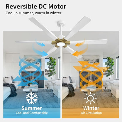 68 Inch Ceiling Fan with Lights and Remote Control, 6 Reversible ABS Blades, 6-Speed Noiseless DC Motor with 4.5" / 12" / 24" Downrods for Bedroom Dining Living Room, Gold and White
