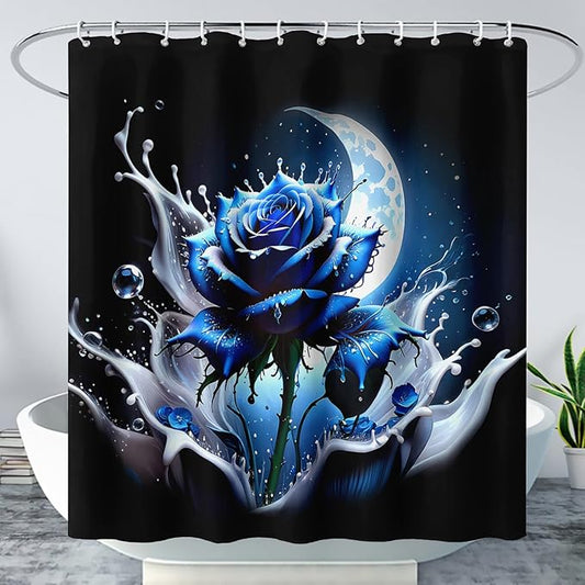 AILONEN 3D Rose Shower Curtain for Bathroom, Evening Moon Blue Rose Bath Curtain for Girls Women, Modern Floral Print Minimalism Shower Curtain Waterproof with 12 Plastic Hooks 72" W*96" H