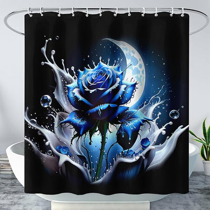 AILONEN 3D Rose Shower Curtain for Bathroom, Evening Moon Blue Rose Bath Curtain for Girls Women, Modern Floral Print Minimalism Shower Curtain Waterproof with 12 Plastic Hooks 60" W*72" H