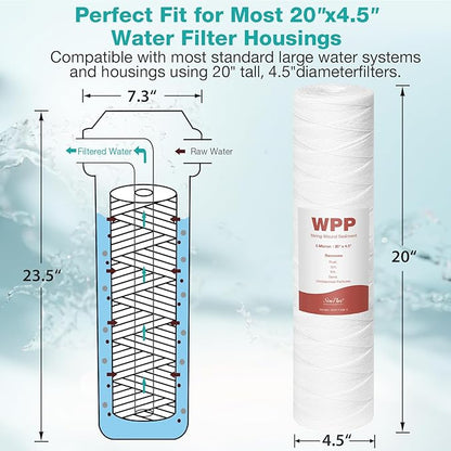 20 x 4.5 Inch 5 Micron String Wound Sediment Water Filter Cartridge, SimPure Whole House Sediment Well Water Filter Replacement for Well Water, Fits DB20P DB20P-3 (2 Pack)