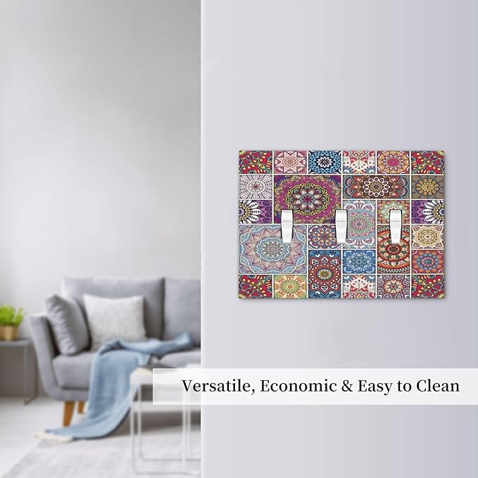 Morocco Talavera Mexican Tiles Printed Colroful Mandala 3 Gang Light Switch Covers Triple Toggle Wall Plate Decorative Switchplate Electrical Faceplate for Kitchen Bathroom Bedroom Decor