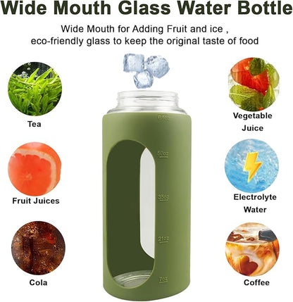 64 Oz Glass Water Bottle with Straw and Lid, Sports Motivational Water Bottle, Leakproof Water Jug Fitness with Silicone Sleeve for Gym, Green