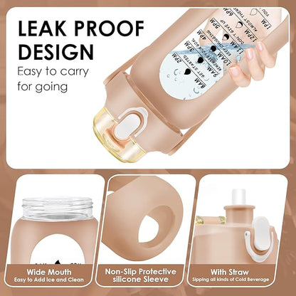 32 oz Glass Water Bottle with Time Marker - 1000ml Large Sports Motivational Water Bottles with Handle & Silicone Case, 1 Liter Leak-proof Measured Drinking Bottle for Gym Fitness Workout (Coffee)