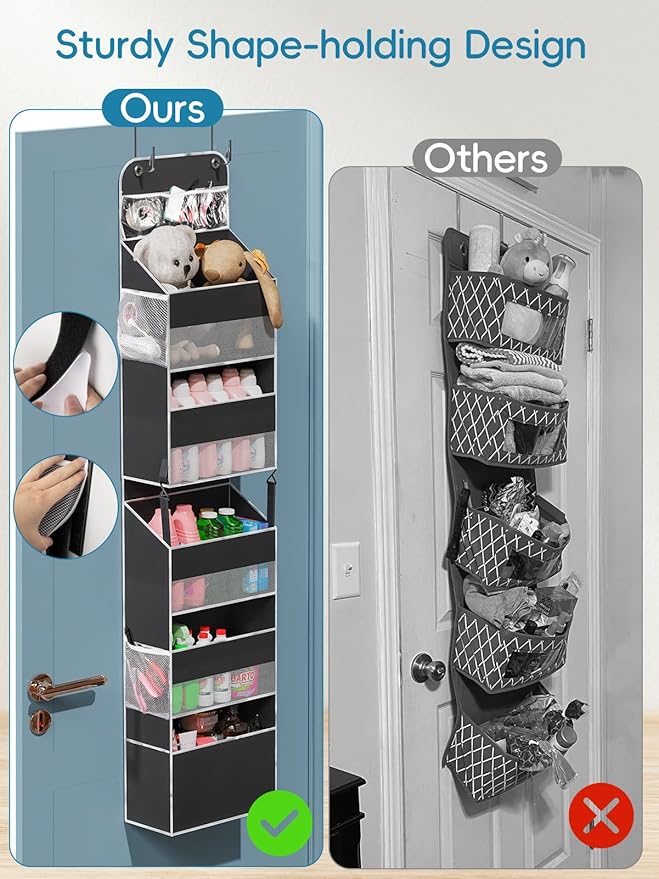 Over the Door Organizer Storage - Zippered 6 Shelf Behind Door Hanging Organizer with 8 Large Pockets, Anti-Tilt Design for Nursery, Bathroom, Bedroom, Kitchen, Dorm, Camper, Toys, Diapers, Cosmetics