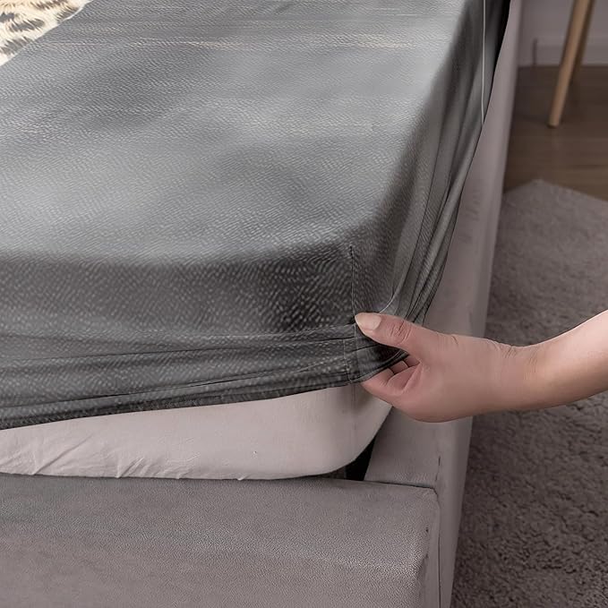 AILONEN Leopard Fitted Sheet Set Queen Size, 3D Cheetah Printed Bed Sheet Set,Wildlife Bedding Leopard Sheet Set,Wild Animal Leopard Bed Sheet Set Boys Fitted Sheet with 2 Pillowcases,3 Pieces