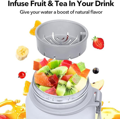 32oz Motivational Water Bottle with Time Marker & Fruit Strainer, Leak-proof BPA Free Non-Toxic Bottle with Carrying Strap, Perfect for Fitness, Gym and Outdoor Sports