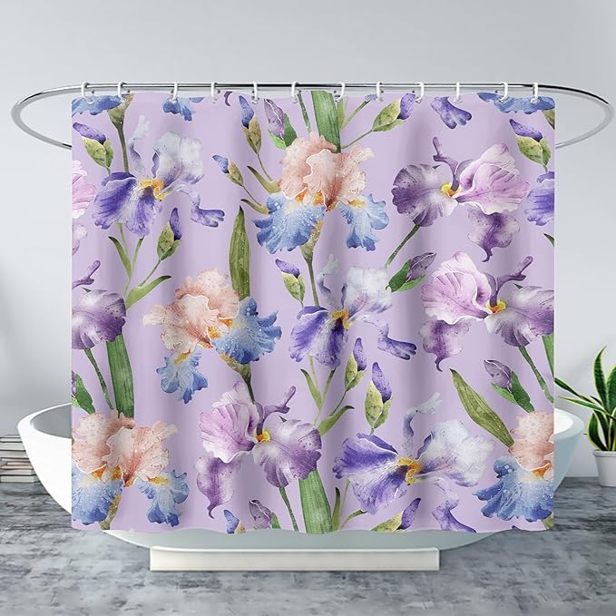 AILONEN Floral Shower Curtain, Pretty Purple Iris Pattern Shower Curtain Set for Girls Boys Teens Kids,Fantasy Vintage Flower Fabric Shower Curtains for Bathroom,72" W*78" H