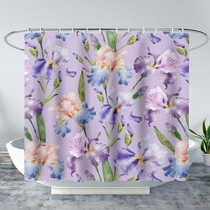 AILONEN Floral Shower Curtain, Pretty Purple Iris Pattern Shower Curtain Set for Girls Boys Teens Kids,Fantasy Vintage Flower Fabric Shower Curtains for Bathroom,72" W*78" H