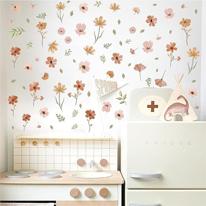 Small Flowers Wall Sticker Boho Floral Leaf Wall Decal Watercolor Botanical Leaves Wall Decals Plants Flowers Wall Stickers Removable Retro Floral Wall Decals for Nursery Bedroom Decor