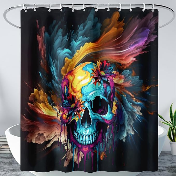 AILONEN Sugar Skull Shower Curtain for Bathroom,Romantic Colorful Smoky Skull Bath Curtain,Watercolor Skull Skeleton Decoration Bathroom Waterproof Shower Curtain with 12 Plastic Hooks, 72" W*72" H