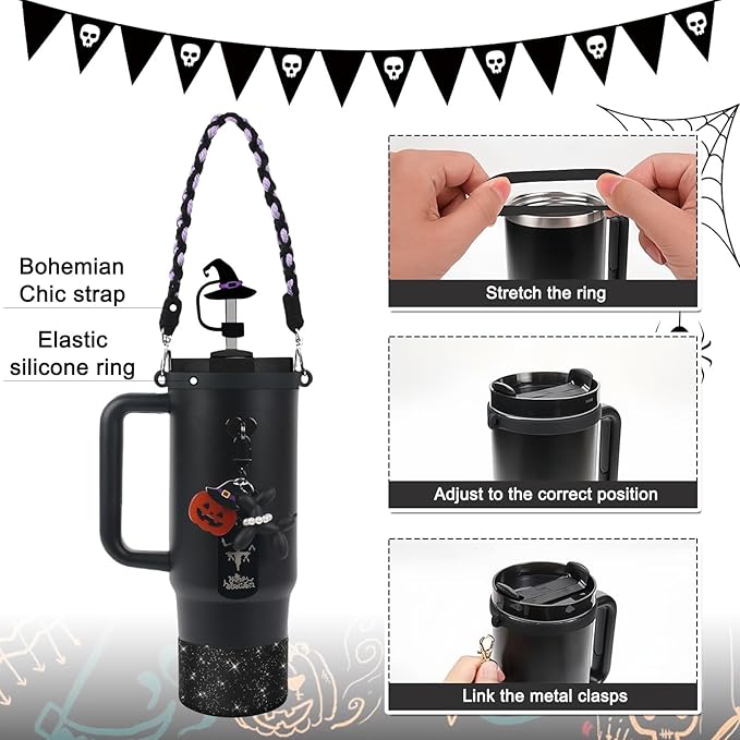 BELSITA Stanley Cup Accessories Set, Black Dog Chain Braided Design Water Bottle Handle Strap, Black Glitter Silicone Stanley Cup Boot, Stanley Charms for Stanley Cup 30/40oz Tumble(Halloween 1)