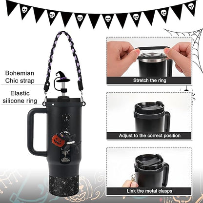 BELSITA Stanley Cup Accessories Set, Black Dog Chain Braided Design Water Bottle Handle Strap, Black Glitter Silicone Stanley Cup Boot, Stanley Charms for Stanley Cup 30/40oz Tumble(Halloween 1)
